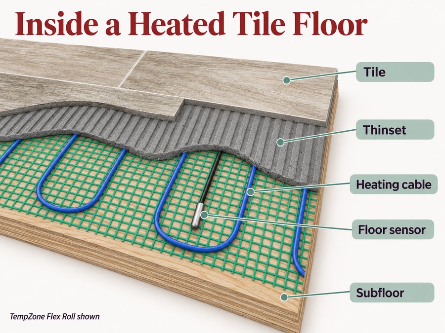 Tile above thinset, heating cable on mesh, a floor sensor between cable runs, and the subfloor