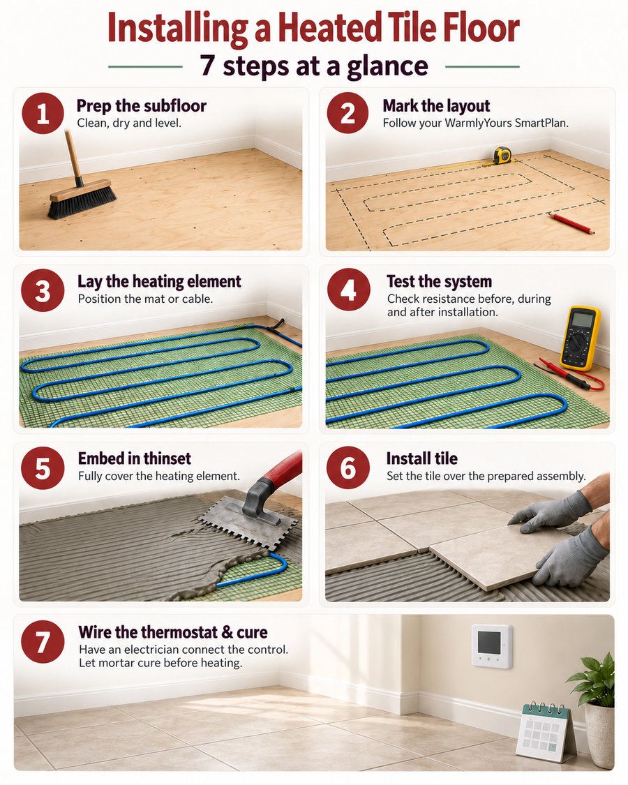 Seven-step heated tile floor installation overview, following the steps listed above