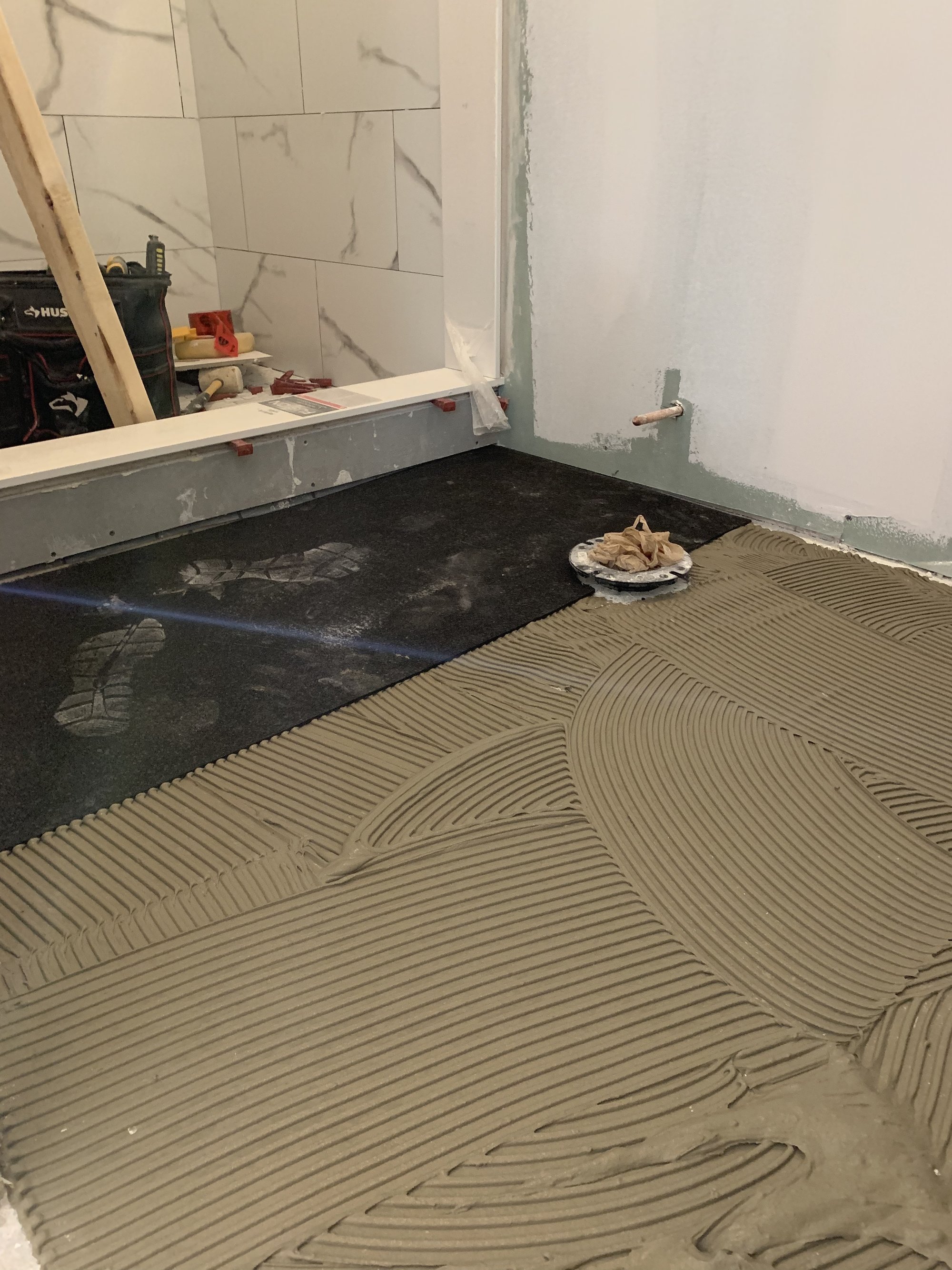 Heated Tile Installation for remodeled basement bathroom thinset