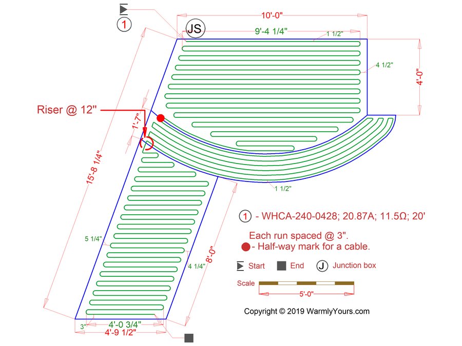 Installation layout plan for snow melting cables under a curved concrete staircase.