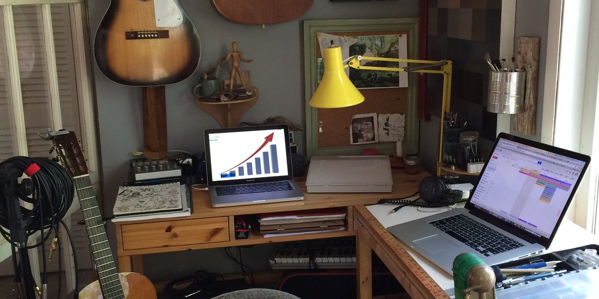 Home office with musical instruments and a chart
