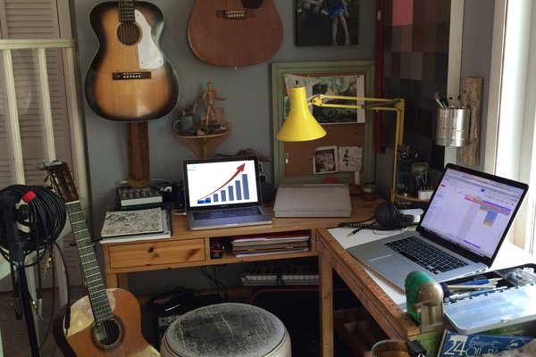 Home office with musical instruments and a chart