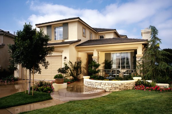 House exterior landscaping and walkway