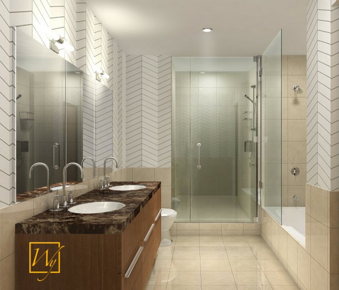 Modern bathroom interior with large beige ceramic floor tiles suitable for an electric radiant floor heating system installation.