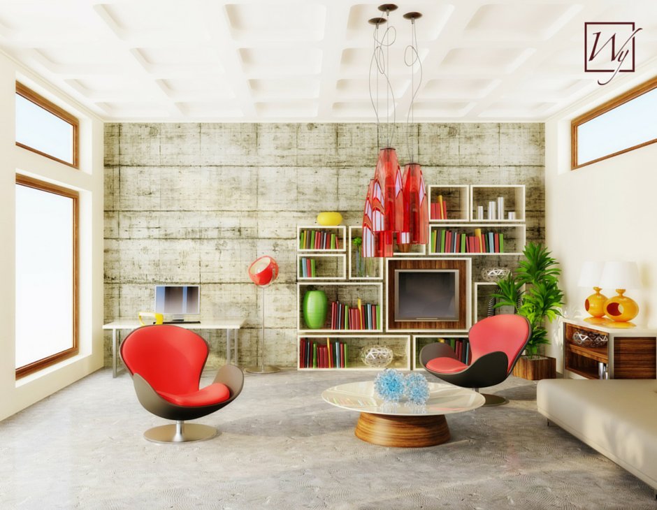 A modern open-concept living room with polished concrete floors suitable for an electric radiant floor heating system.