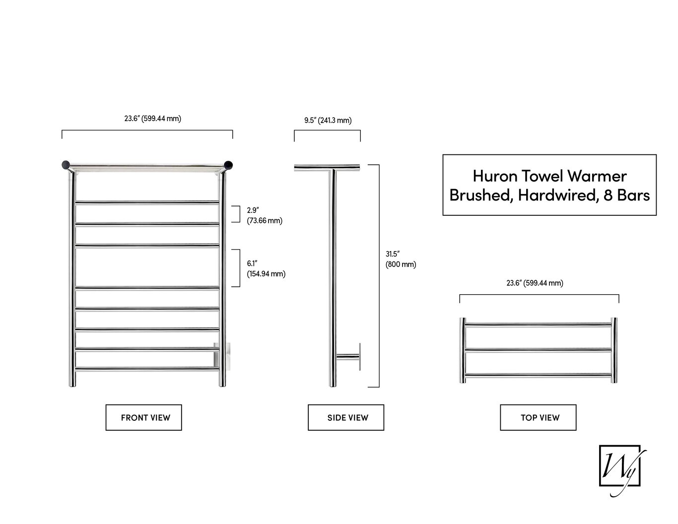 Huron Towel Warmer, Brushed, Hardwired, 8 bars