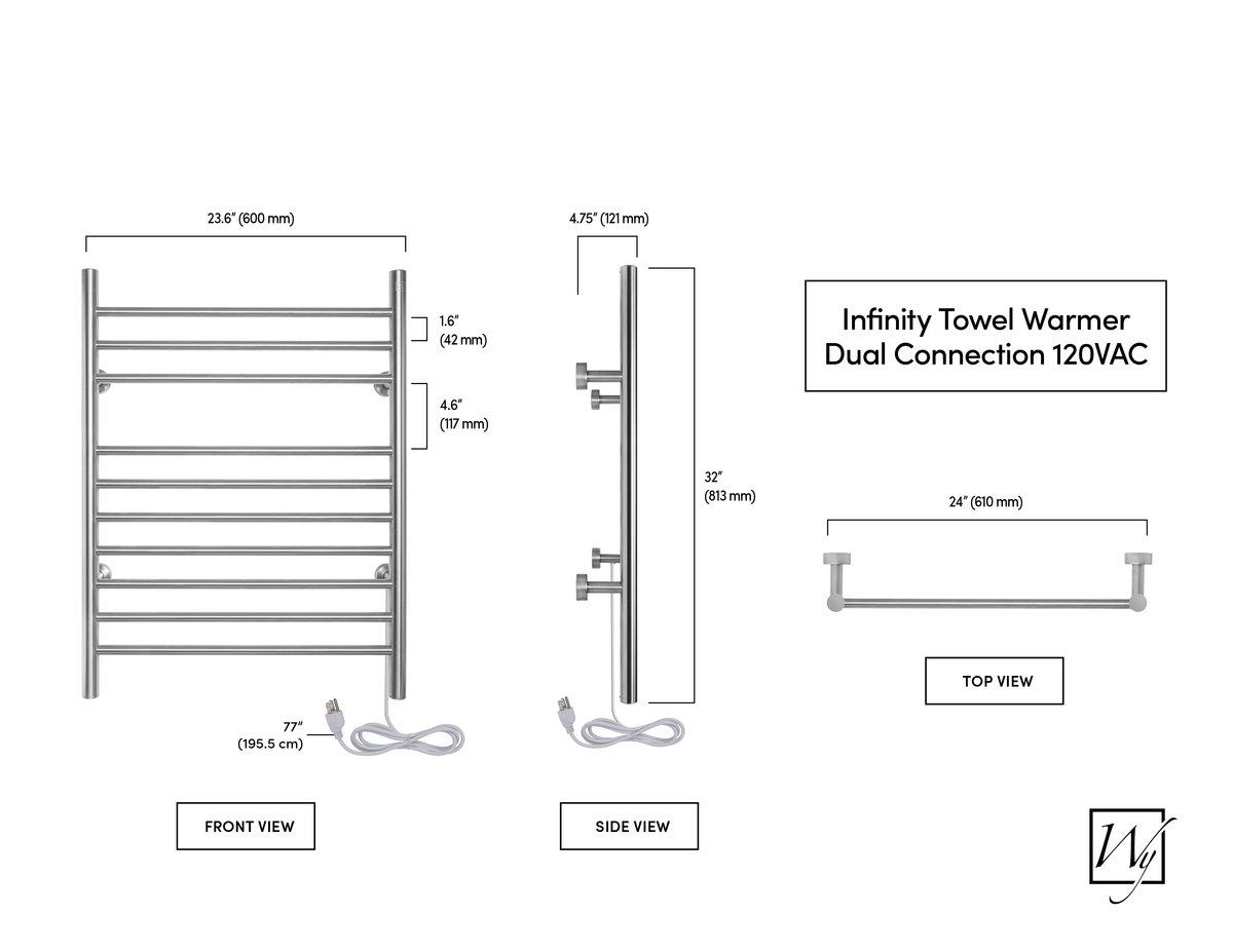 Infinity Brushed Towel Warmer Dual Connect Dimensions