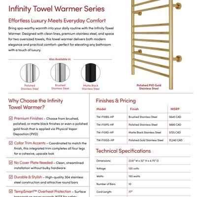 Infinity Dual Connection Towel Warmer Sell Sheet - Canada (English)