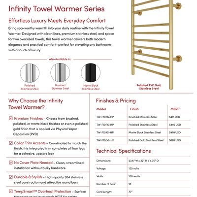 Infinity Dual Connection Towel Warmer Sell Sheet - USA (English)