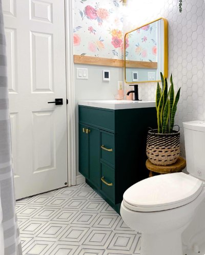 Instagram influencer bathroom project after shot with vanity