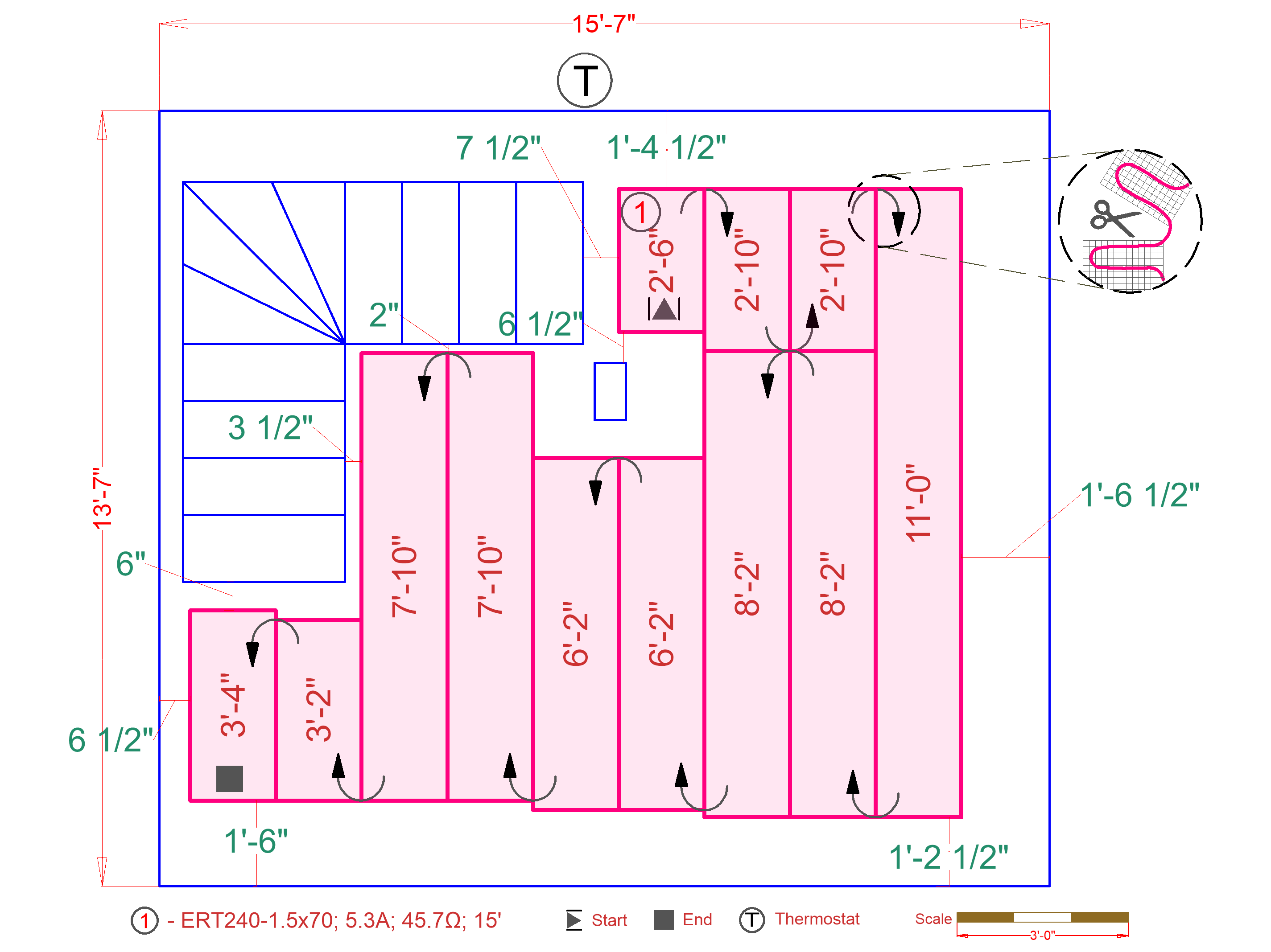 Floor heating installation plan for a laundry room, mudroom, or utility room
