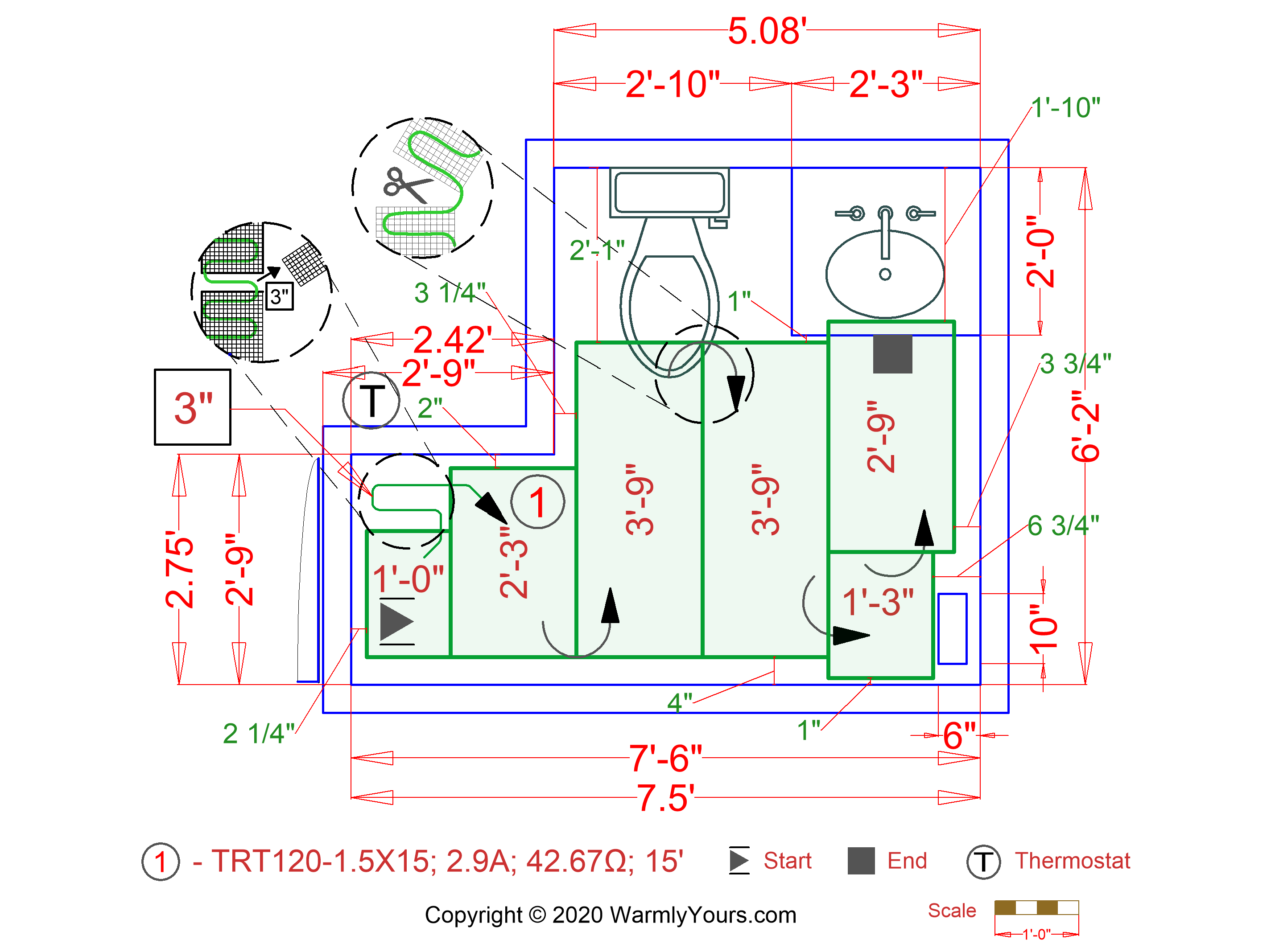 Floor heating installation plan for a bathroom