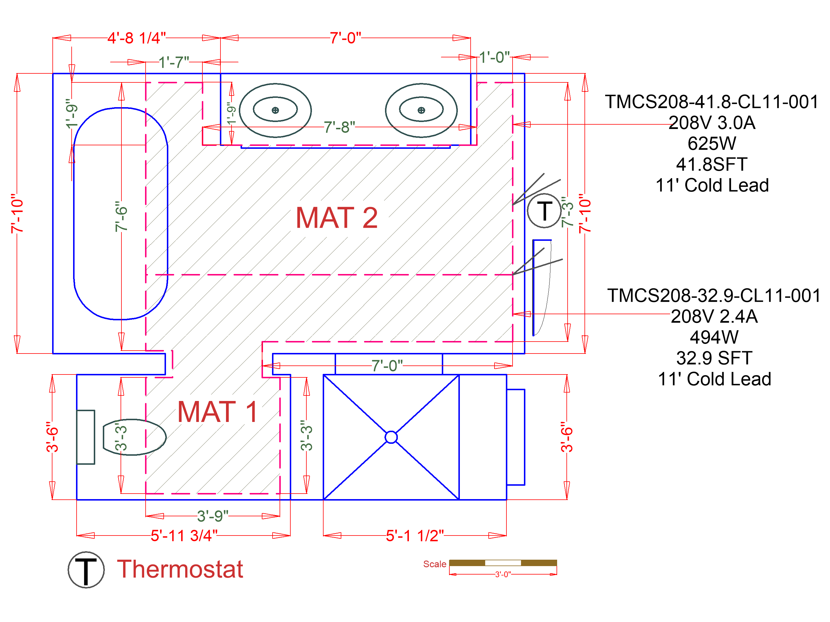 Custom floor heating mat installation plan for a bathroom.
