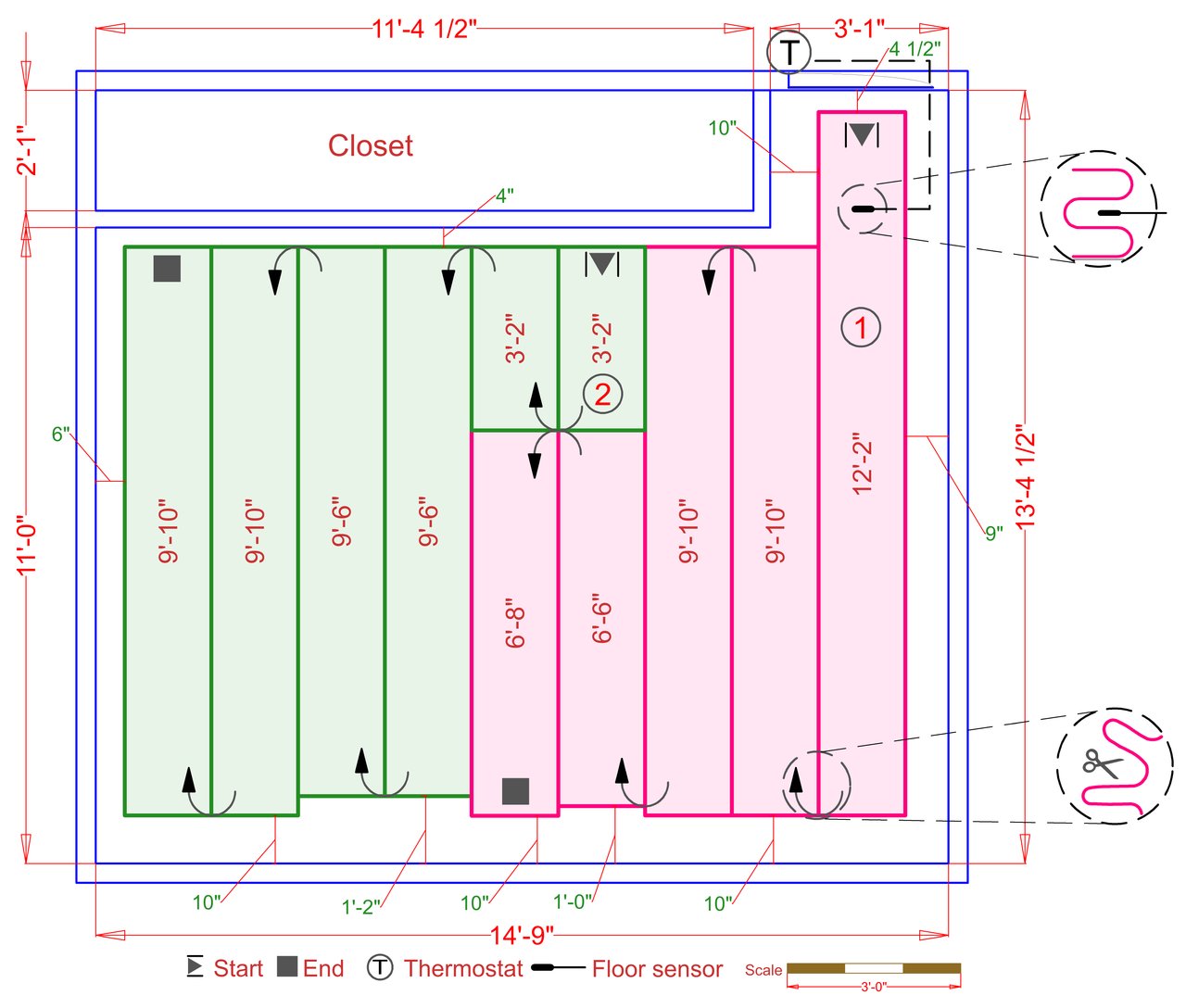 Floor heating on engineered wood in a bedroom.