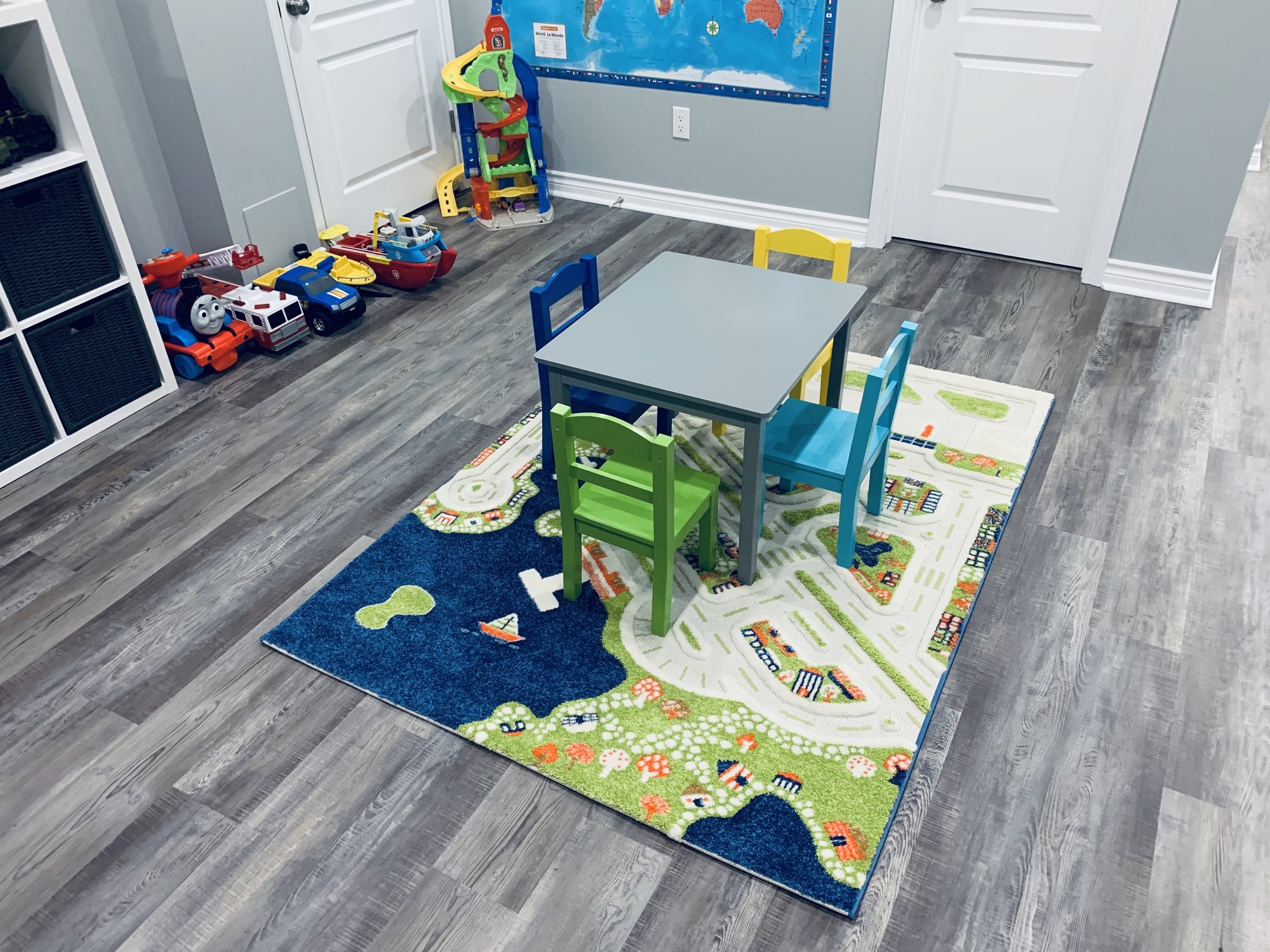 Installing Luxury Vinyl Tile for Heated Basement Playroom after shot