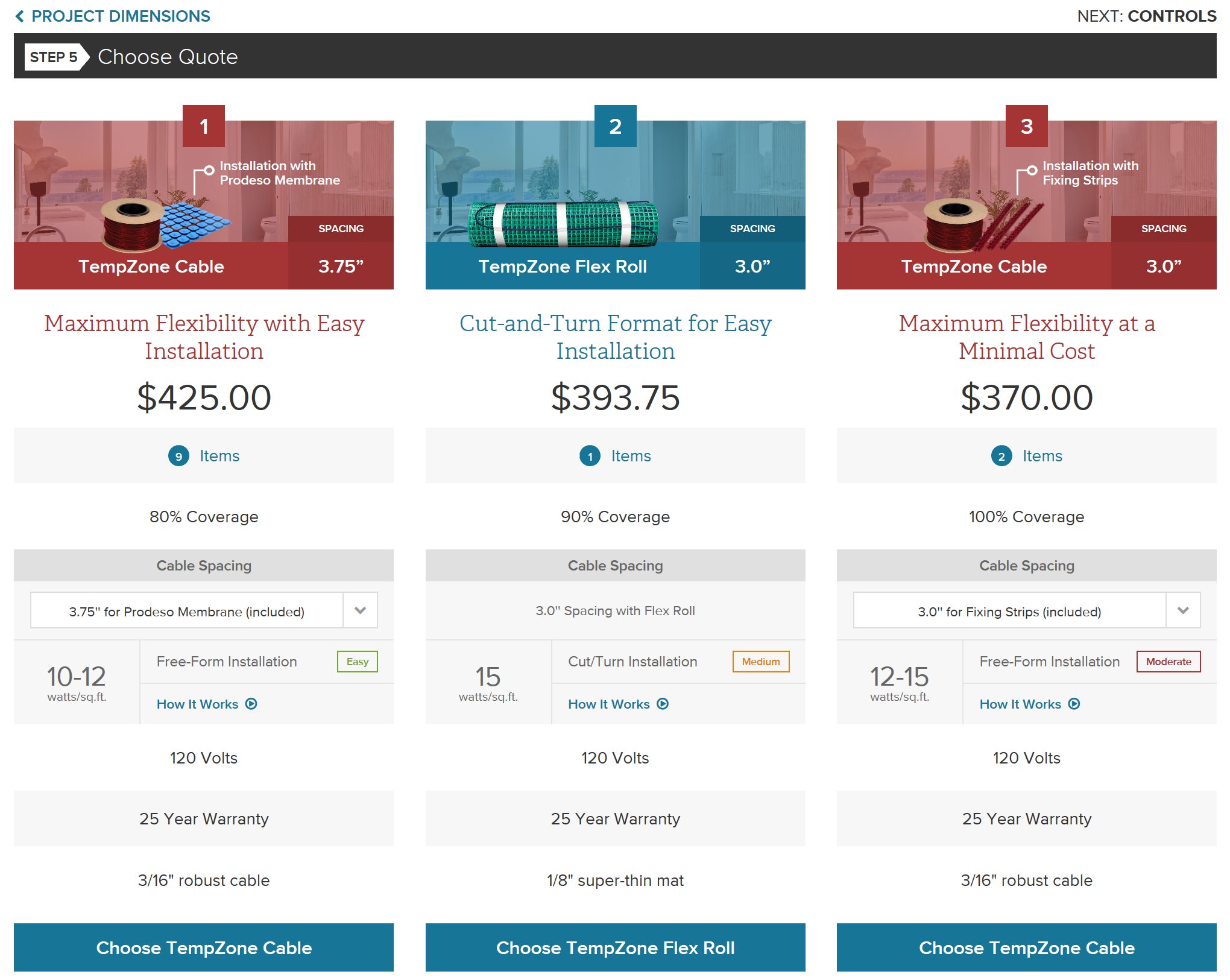 Instant Quote product choices