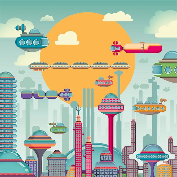 A retro-futuristic cartoon illustration of a sci-fi cityscape with domes, spires, and flying vehicles under a bright orange sun.