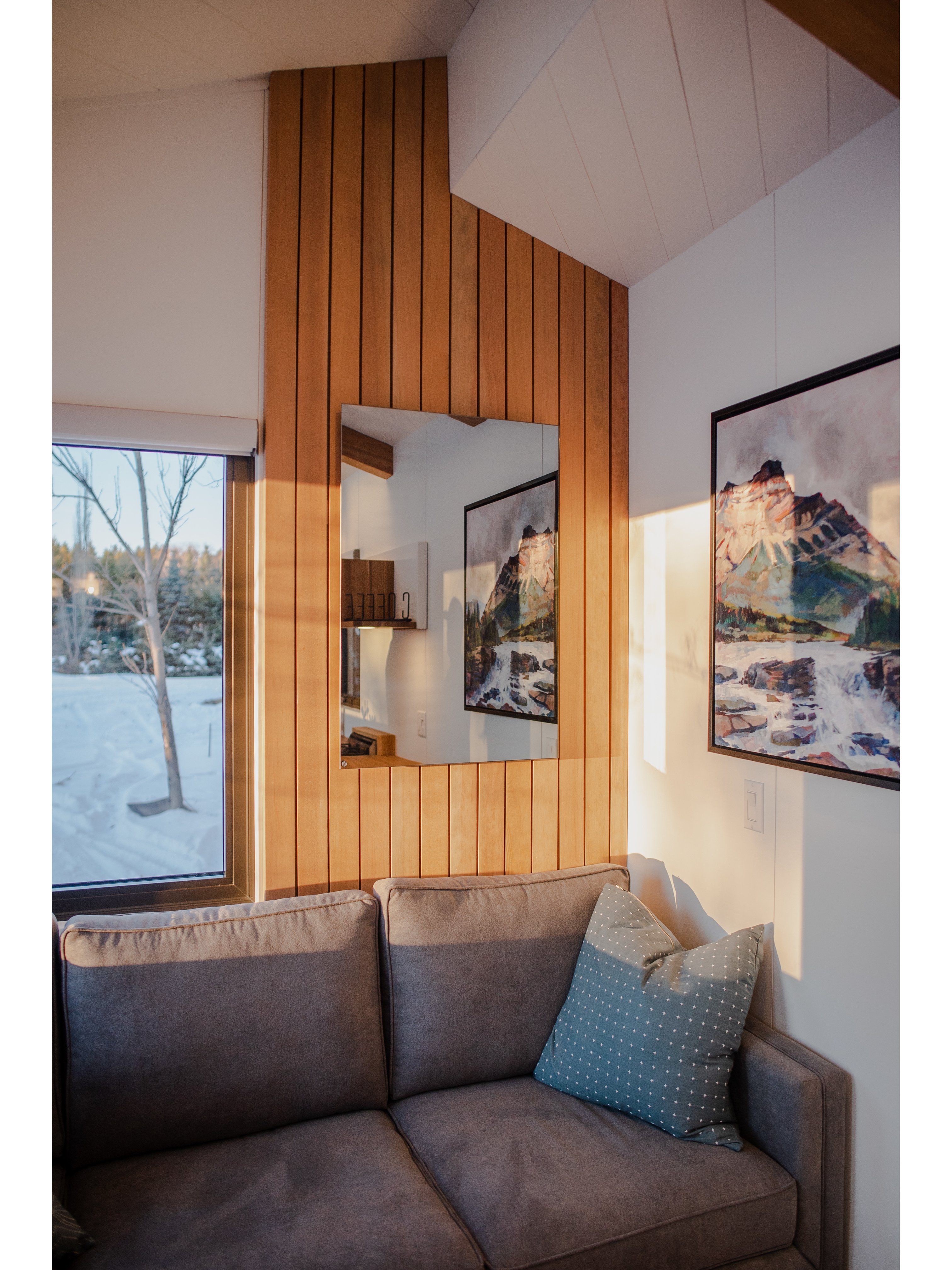 Interior of Fritz Tiny Home radiant panel angle