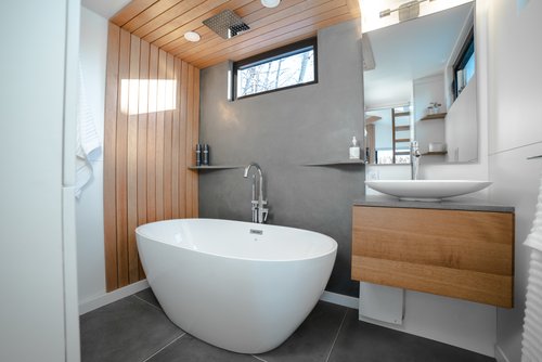 Interior of Fritz Tiny Home bathroom angled