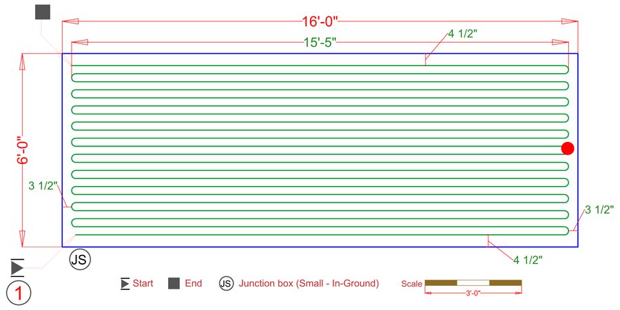 A technical installation plan diagram showing the serpentine layout layout of radiant heating cables.
