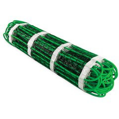 A rolled-up snow melting mat featuring green electric heating cable arranged in serpentine loops on a black mesh grid.