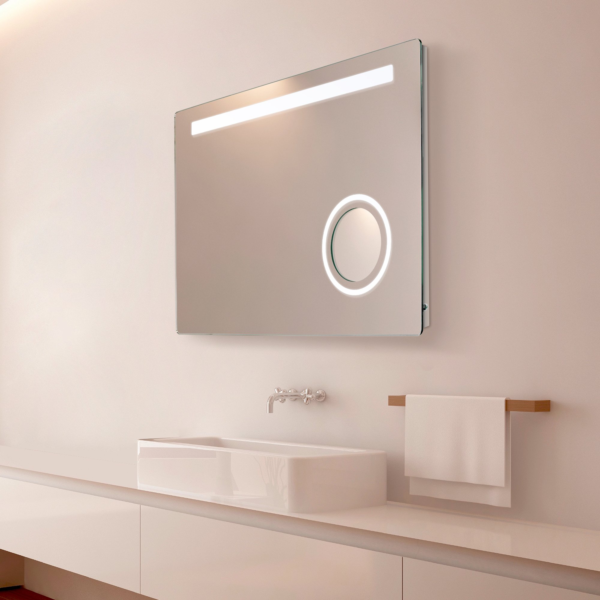 Judy LED mirror staying clear above a steamy bathroom vanity