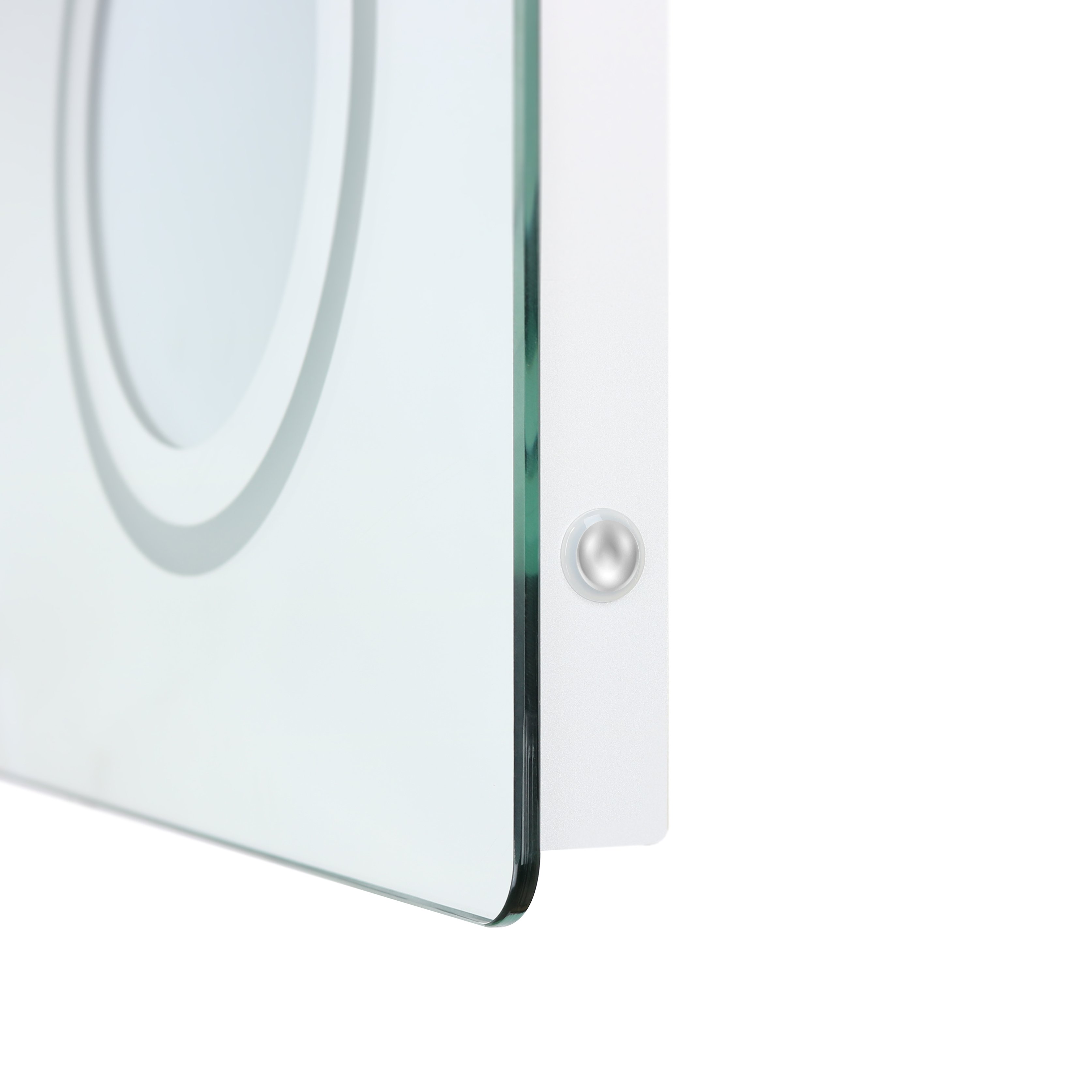 Front view of Judy LED mirror turned off showing beveled edge and clean rectangular design
