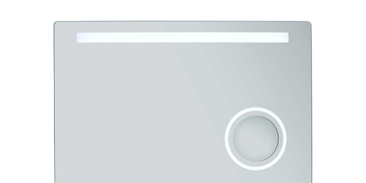 Judy LED mirror with rounded corners, a horizontal illuminated frosted bar, and an integrated circular magnifying mirror with ring lighting.