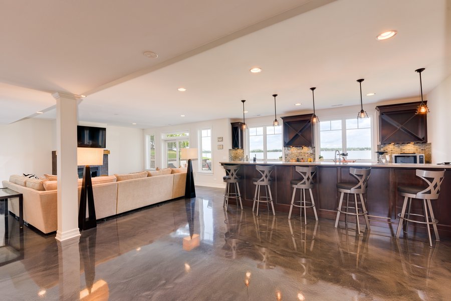 Kitchen and living room basement with heated floors