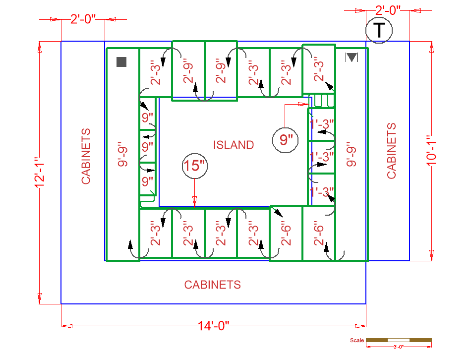 A floor plan diagram for a kitchen electric radiant floor heating layout using Flex Roll heating mats around a central island.