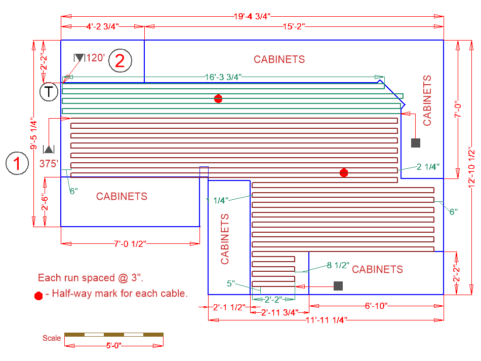A kitchen floor plan diagram illustrating the layout of electric radiant floor heating cables spaced at three-inch intervals.