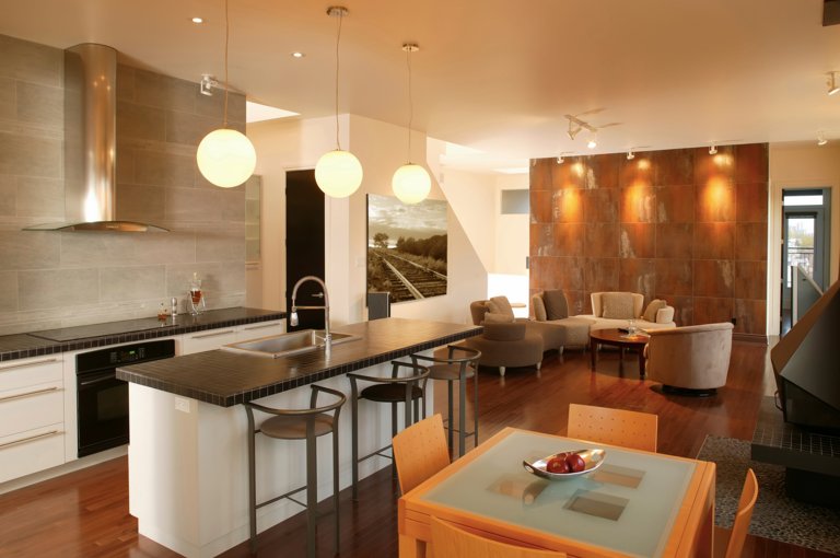 A contemporary open-concept kitchen and living area featuring polished hardwood floors suitable for electric radiant floor heating.