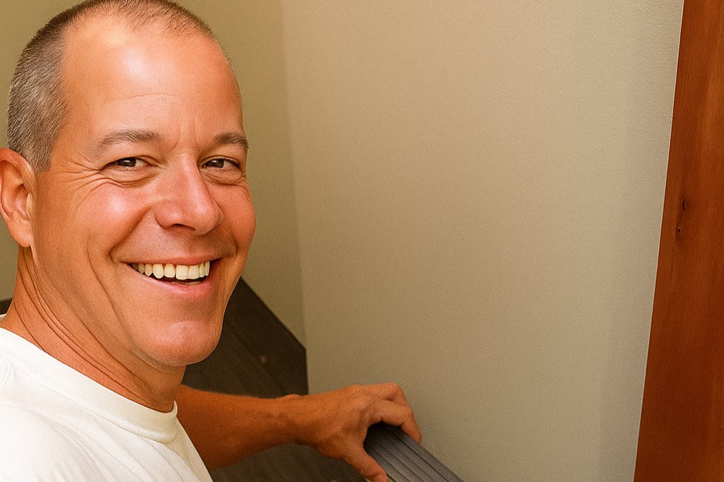 A smiling man with short-cropped hair holding a dark grey handrail indoors.
