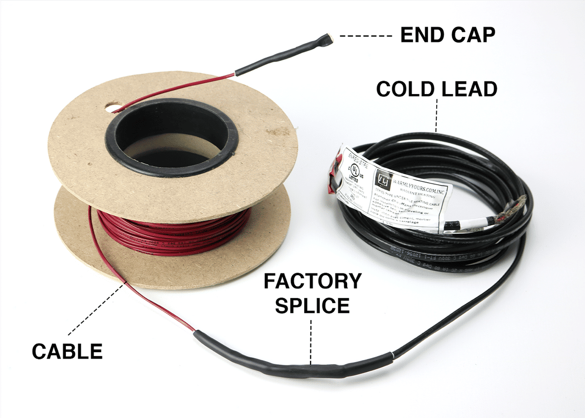 Labeled components of an electric floor heating cable for radiant floor heating