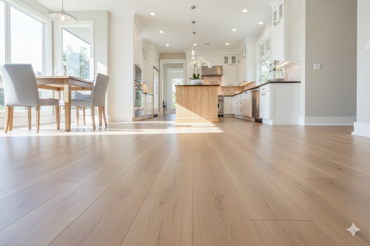 A bright open-concept kitchen and dining area featuring light-colored wood-look laminate flooring throughout the space.