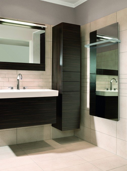 The Lava Mirror adds beauty and increased functionality as a towel bar and mirror defogger