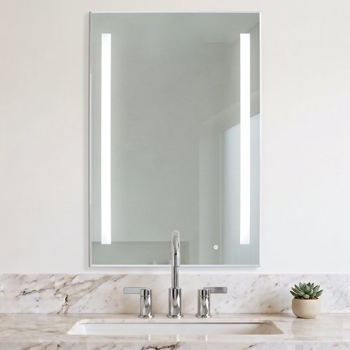 Ingrid LED backlit bathroom mirror with vertical frosted light strips mounted on a beige marble wall above a vanity.