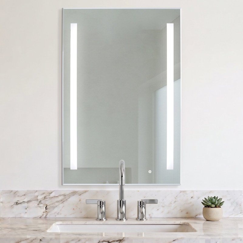 Ingrid LED backlit bathroom mirror with vertical frosted light strips mounted on a beige marble wall above a vanity.