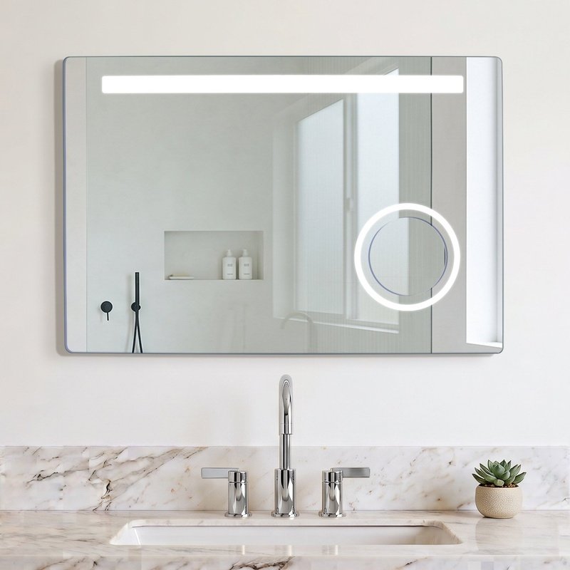 A Judy LED backlit rectangular bathroom mirror with a horizontal light bar and magnifying section mounted above a marble vanity.