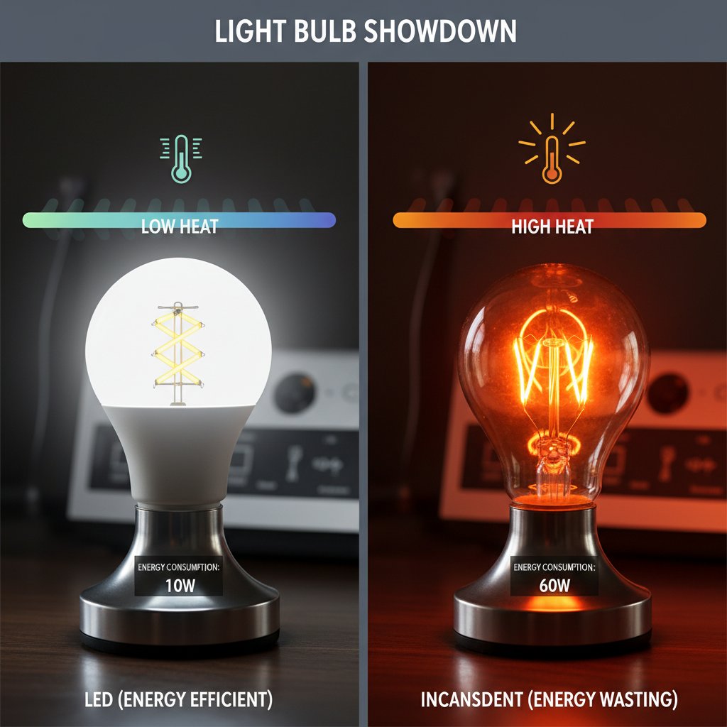LED bulb vs incandescent bulb comparison showing energy efficiency