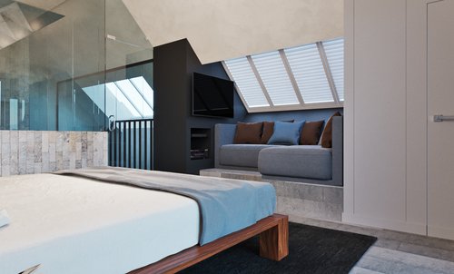 Lounge area with skylight in Master Bedroom with tile floor