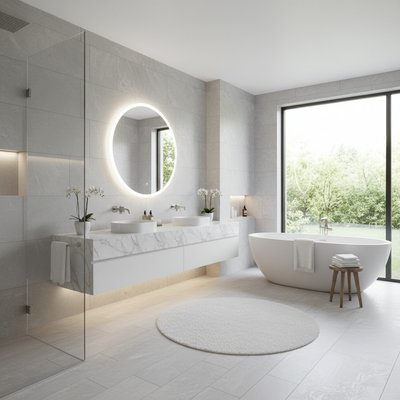 Modern luxury bathroom with LED mirror backlit lighting and bright white daylight accurate color rendering