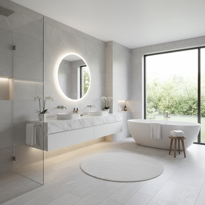 Modern luxury bathroom with LED mirror backlit lighting and bright white daylight accurate color rendering