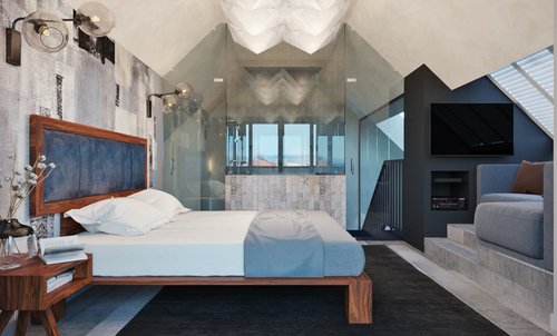 Luxury Bedroom with Master Bathroom and reading area with skylight