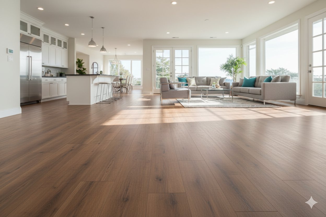 Modern living room featuring luxury vinyl tile flooring with radiant floor heating, showcasing realistic wood-grain texture and contemporary design