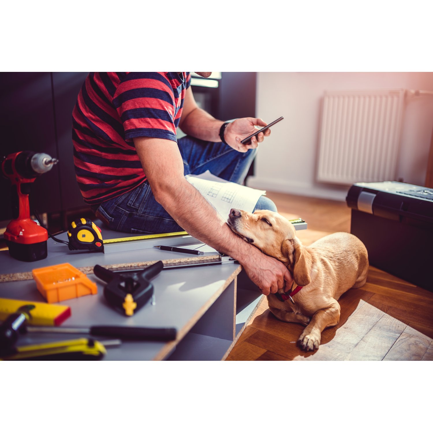 Man & Dog on Floor with Tools