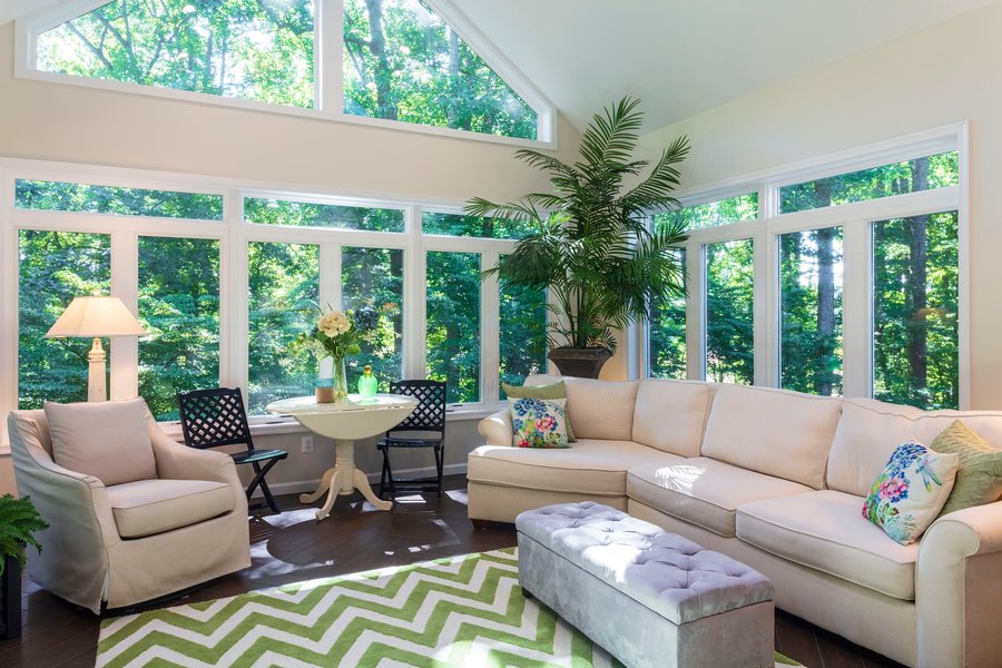 Sunroom with electric floor heating and palm tree