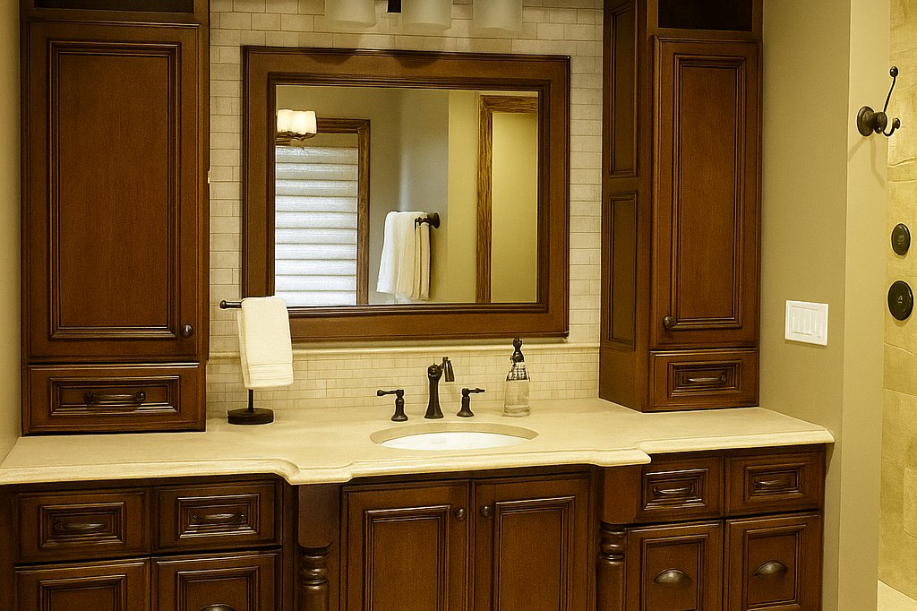 A traditional master bathroom vanity featuring dark wood cabinetry, a light-colored countertop, and an undermount sink with a dark finish faucet.