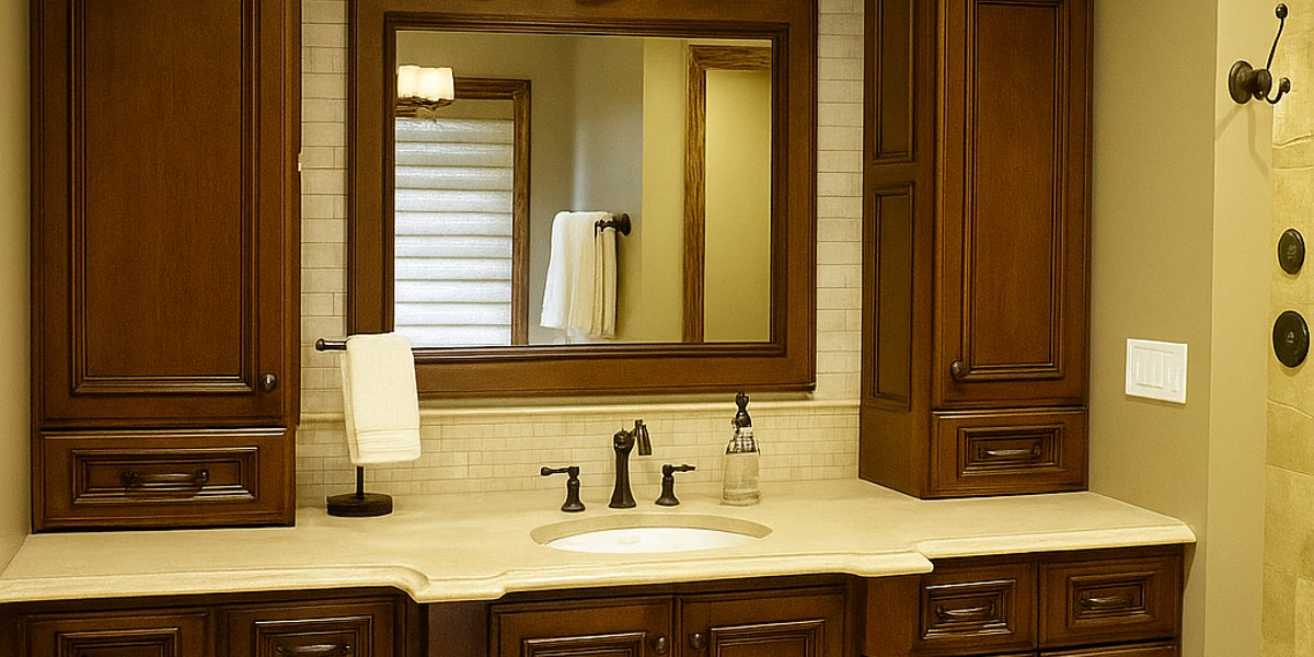 A traditional master bathroom vanity featuring dark wood cabinetry, a light-colored countertop, and an undermount sink with a dark finish faucet.