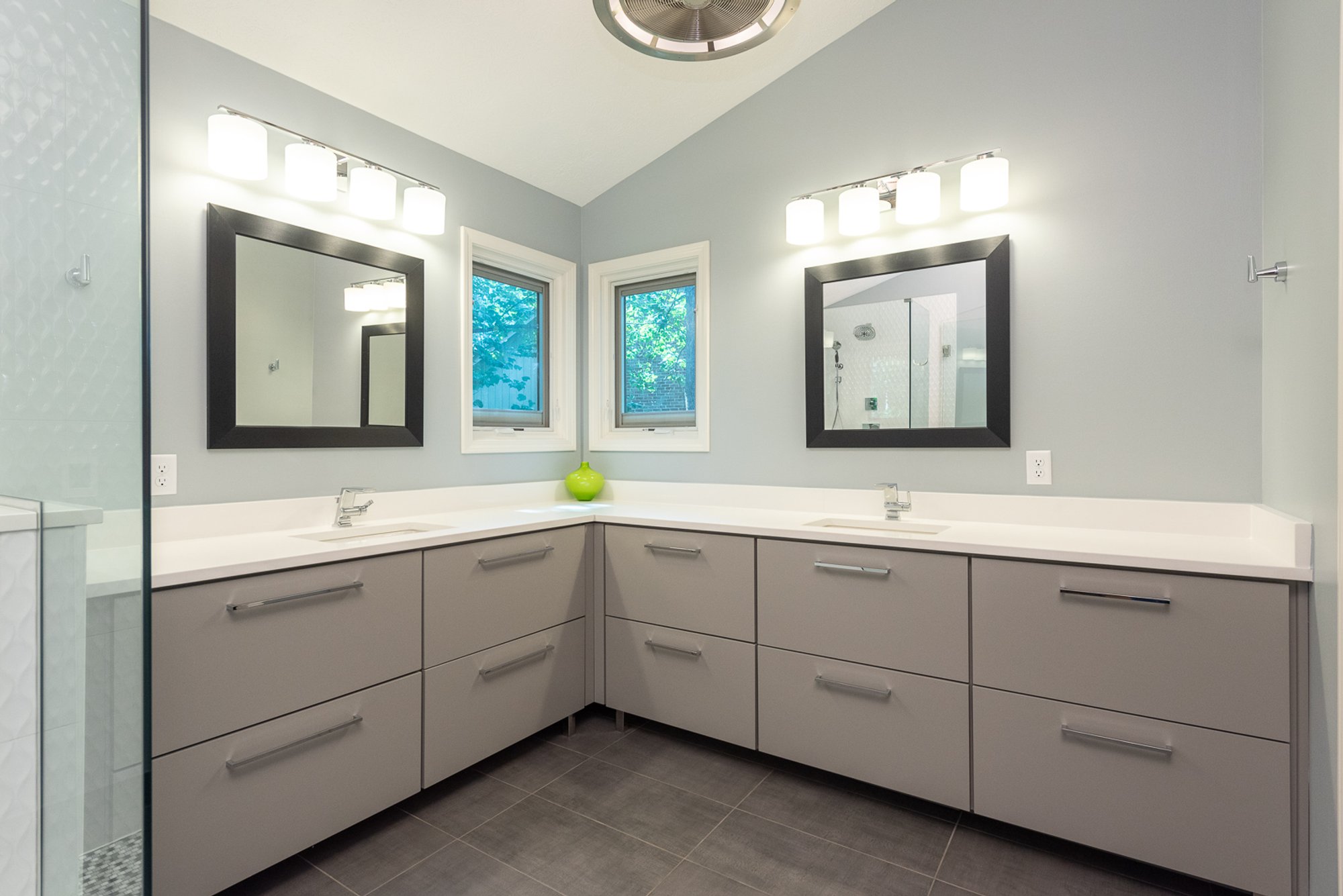 Master Bath in Blue with floor heating and large vanity